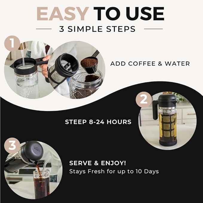 VINCI Cold Brew 360, Glass Cold Brew Coffee Maker Featuring Patented Dual Filter 360 Brewing Technology, Cold Brew for Iced Coffee (1.4 Liter / 47 FL.OZ)