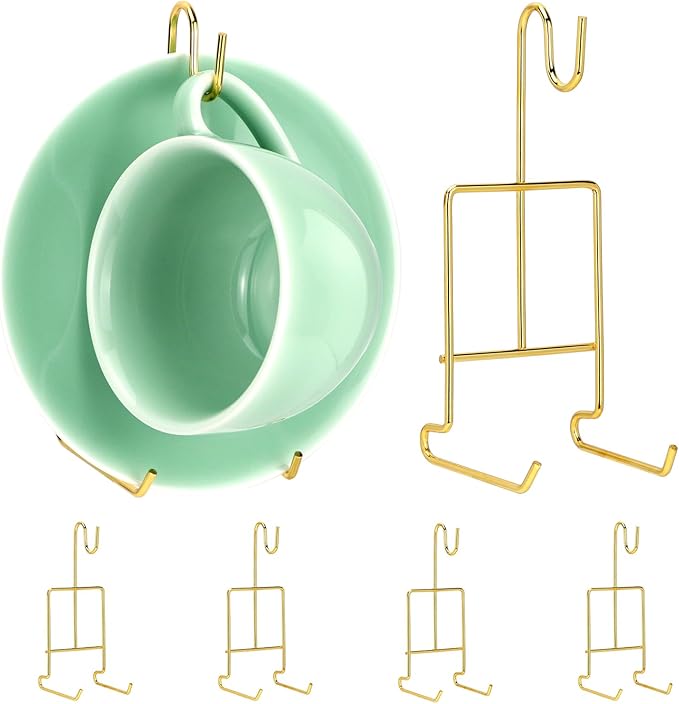 QWORK 6 Pack Gold Tea Cup and Saucer Display Stand Holder Rack for China Coffee Mugs Organizer – Teacup Easel for Kitchen, Dining Room, and Curio Cabinet Displays