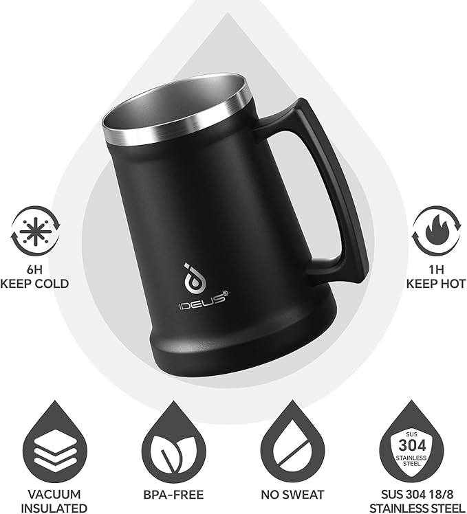 Ideus Insulated Beer Stein, 24/32oz Stainless Steel Double Walled Beer Mug Giant Bar Drinkware Metal Beer Cup with Big Grip Handle (Black, 34oz (1,000ml))
