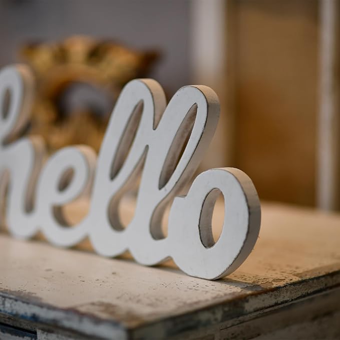 Rustic Distressed White Wooden Hello Sign for Home Decor 14", Wall Hanging Hello Door Sign, Handmade Outdoor Welcome Signs for Porch, Farmhosue Christmas Signs for Shelf Living Room