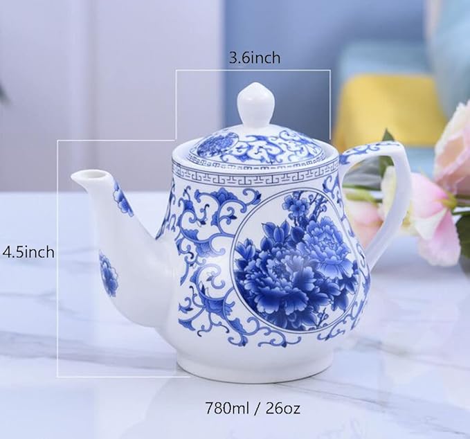 123Arts 26oz Teapot, Blue and White Teapot, Ceramic Tea Pot, Tea Pot for Home Office, 800ml