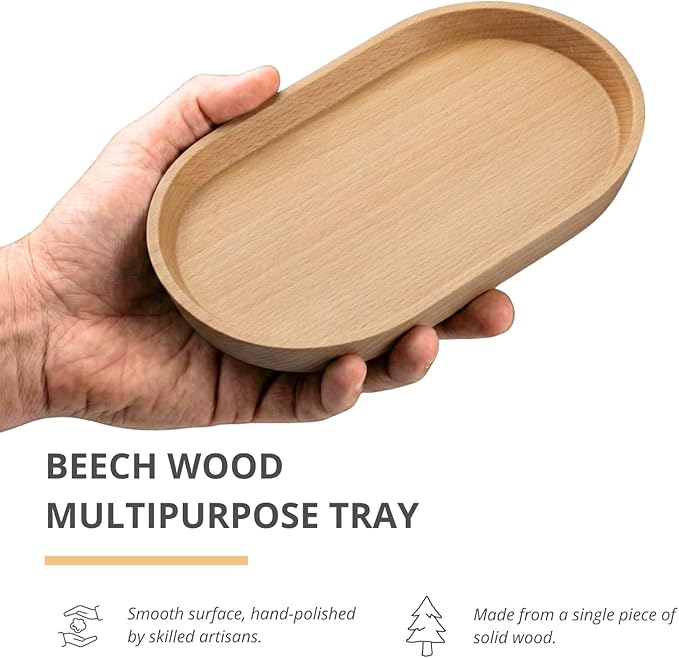 Wooden Mini Serving Tray for Parties, Tea & Coffee Table, Small Oval Wood Plate for Fruit & Snacks, Decorative Tray for Jewellery, Keys & Coins, Tray for Bathroom (Beech Wood, 7.8'4.66')