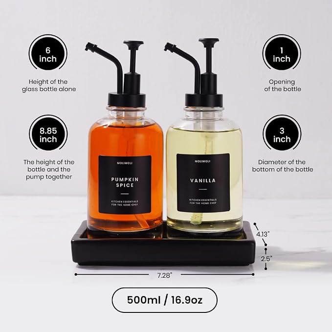 Molimoli Coffee Syrup Dispenser - Glass Bottle with Pump, Maple/Coffee Syrup, Labels and Tray - Image 3