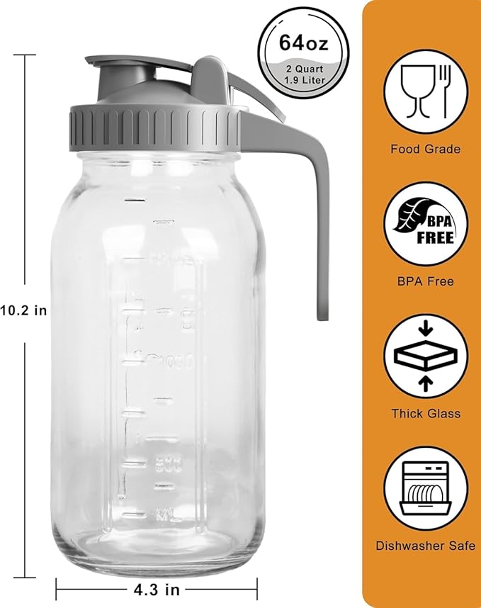 2 Pack - 64oz Glass Pitcher with Lid Wide Mouth, 2 Quart (1.9 Liter) Mason Jar Pitcher with Lid and Spout, Leakproof Water Jug for Water, Juice, Tea, Iced Coffee, Milk Storage