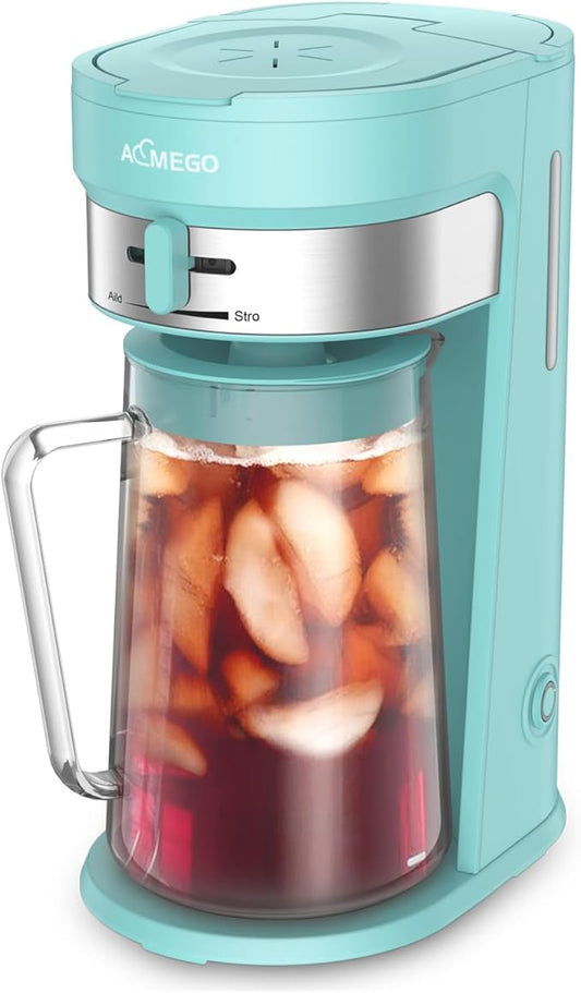 Iced Tea Maker, Brewing System with 2.5-quart Glass Pitcher, sliding strength selector, Stainless Steel Decoration, Reusable Filter (Green)