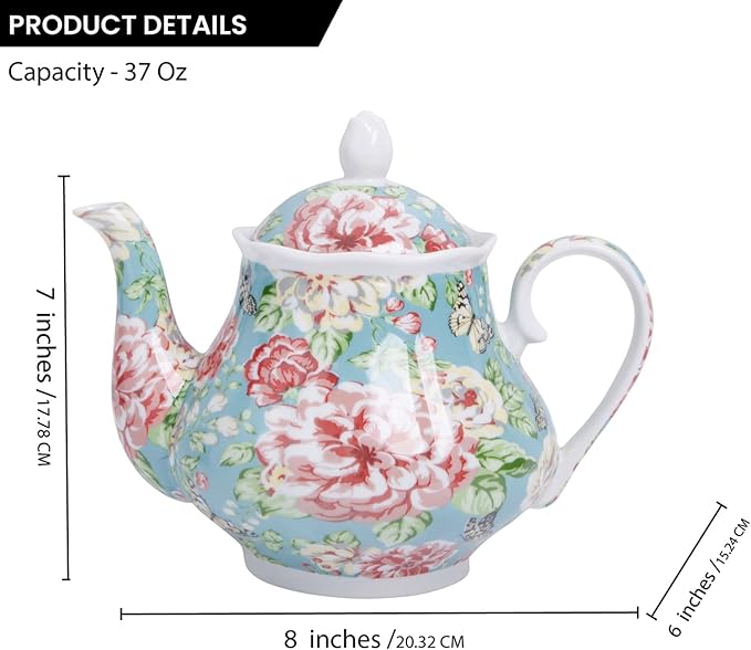 European Style Ceramic Teapot Coffee Pot Water Pot Porcelain Vintage Gift Tea Pot - 37 Oz - May Blossom