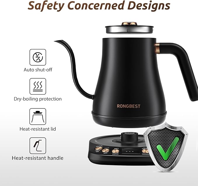 Electric Gooseneck Kettle 1L 1200W, 6 Temperature Presets, Quick Heating Pour Over Kettles for Coffee & Tea with Auto Shut-off, Stainless Steel Inner & Lid, Matte Black