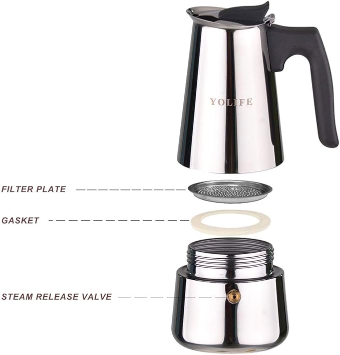 YOLIFE Stovetop Espresso Coffee Maker, Induction Stainless Steel Italian Moka Pot, Pressure Heat Cooking Coffee for Italian Espresso, Cappuccino and Latte, 300ml / 10oz / 6 Espresso Cup (1 Cup=50ml)