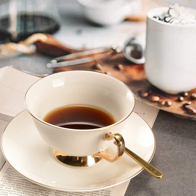 British Coffee Cup with Saucer and Spoon for Latte Americano Cups with Saucer Porcelain Tea Cups, Cups and Saucers with Gold platted rims and Handles