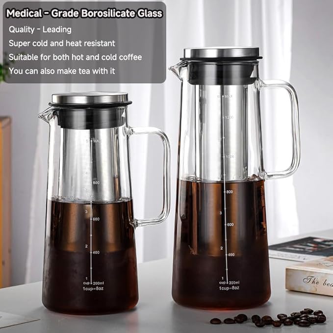 Cold Brew Coffee Maker Borosilicate Glass with 304 Stainless Steel Filter, Tea Infuser Ice Cold Brew Pitcher Kitchen, with Spout Kitchen Iced (48oz (1.4 L))