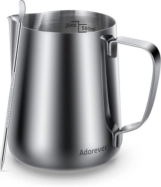 Milk Frothing Pitcher, 20oz Steaming Pitcher Stainless Steel Espresso Machine Accessories for Coffee Bar, Cappuccino Barista Tools Milk Jug Steamer Frother Cup with Decorating Latte Art Pen