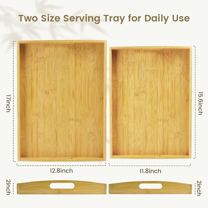 Bamboo Serving Tray with Handles - 2 Pack Wooden Food Tray for Breakfast in Bed, Eating, Decor and Storing - Decorative Trays Platter Use for Kitchen, Ottoman, Living Room, Party and Restaurant