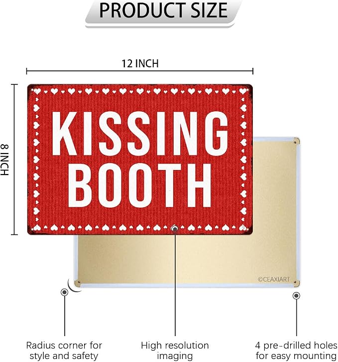 Kissing Booth Tin Sign Love Heart Pattern Metal Signs Valentine's Day Wall Art Decoration Home Farmhouse Bar Kitchen Cafe Living Room Coffee Corner White Day Decor Romantic Gift 12" x 8" - Image 2