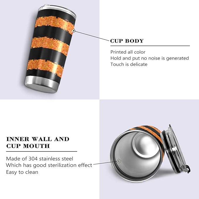 Halloween Tumbler Glitter Stripes Orange Black Insulated Coffee Cup Back to School Beverage Container Office Travel Mug with Straw and Lid 20oz Holiday Gift Day of The Dead Present
