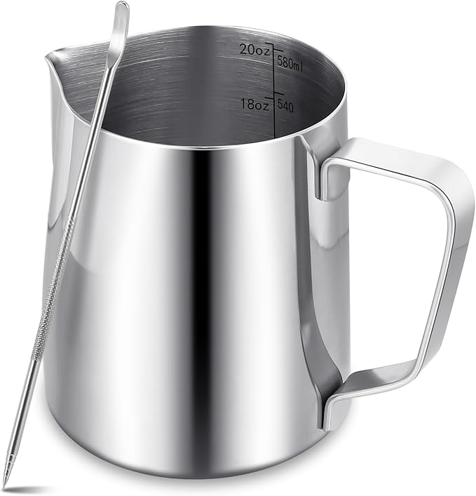 Milk Frothing Pitcher,Milk Steaming Frother Cup,Barista Cappuccino Latte Art Milk Jug with Decorating Pen,Stainless Steel Espresso Coffee Bar Accessories Tools (Silver, 20oz)