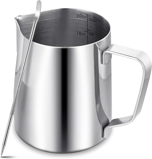 Milk Frothing Pitcher,Milk Steaming Frother Cup,Barista Cappuccino Latte Art Milk Jug with Decorating Pen,Stainless Steel Espresso Coffee Bar Accessories Tools (Silver, 20oz)