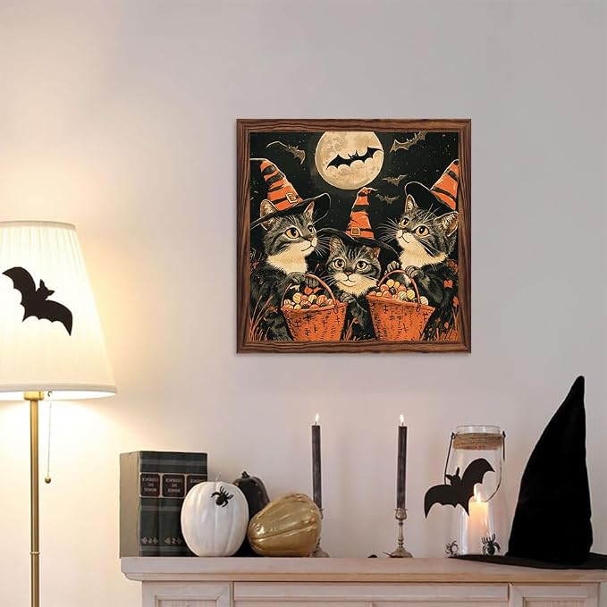 Vintage Halloween Decorative Sign Witch Cats Holding Baskets of Candy Art Wooden Sign, With Frame Festival Sign for Home Office, Cafe, Bathroom Halloween Decor 7.87x7.87 Inch - Image 5