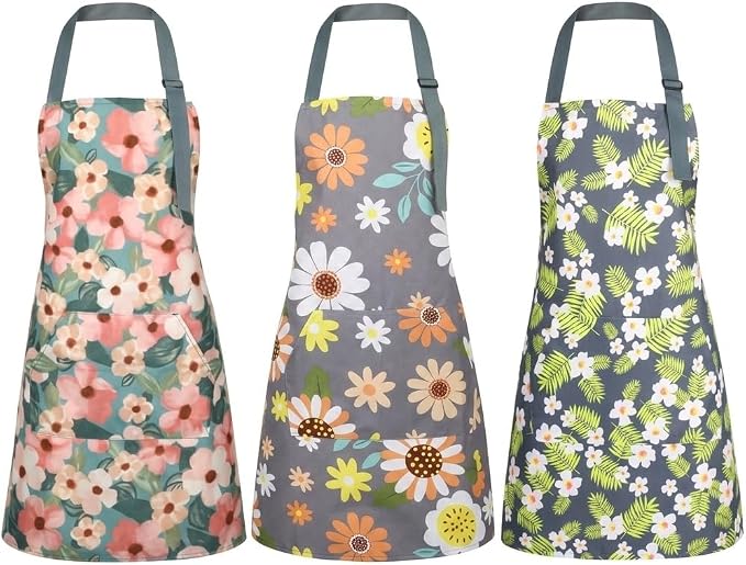 BOUMUSOE 3 Pack Floral Aprons with Pocket, Blooming Womens Aprons | Waterproof Adjustable Cooking Aprons for Kitchen Gardening and Salon by BOUMUSOE