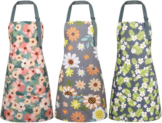 BOUMUSOE 3 Pack Floral Aprons with Pocket, Blooming Womens Aprons | Waterproof Adjustable Cooking Aprons for Kitchen Gardening and Salon by BOUMUSOE