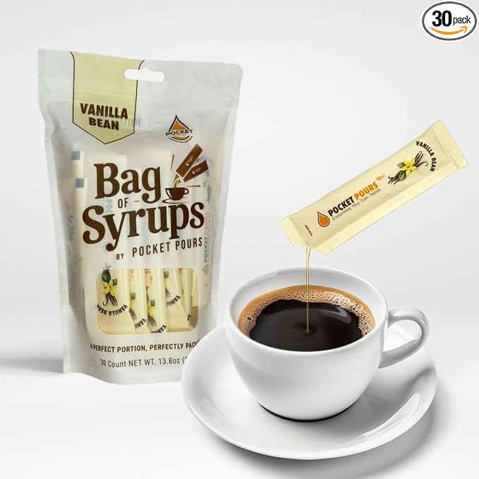 Pocket Pours Vanilla Bean Coffee Syrup - 30 Single-Serve Packets, Dairy-Free Liquid Flavoring for Coffee, Lattes & Cold Brew, Made in USA by Unknown