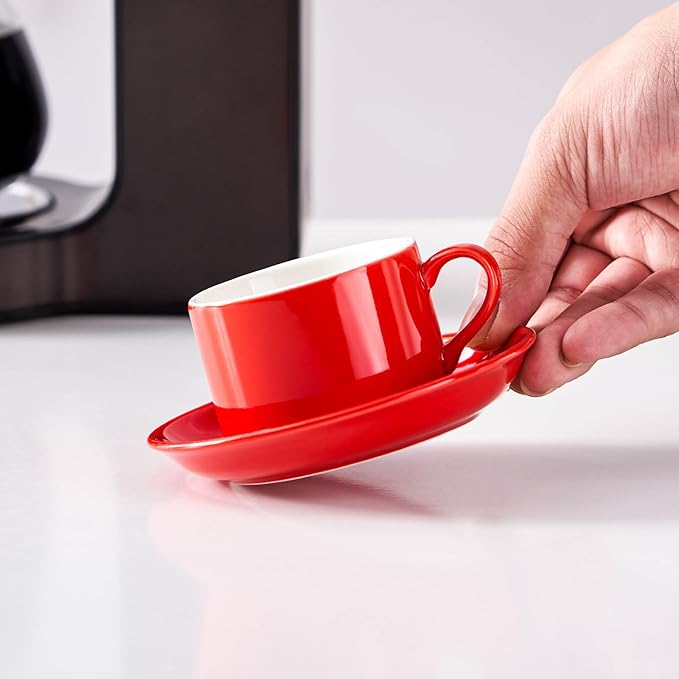 2.5oz Espresso Cups Set of 4, Porcelain Stackable Espresso Cups with Saucers and Metal Stand Set, Red Expresso Shots Cup Set