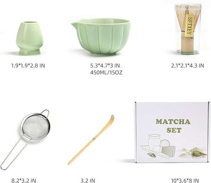 Matcha Whisk Set, Matcha Set Includes Ceramic Matcha Bowl, Bamboo Whisk, Scoop, Chasen Holder, Sifter - 5 Pcs Perfect Matcha Kit for Matcha Lover (Emerald Green)