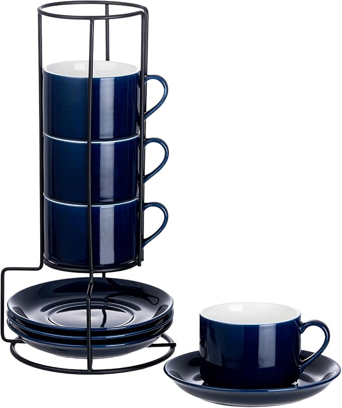 8oz Porcelain Stackable Cappuccino Cups with Saucers and Metal Stand Set of 4, Cappuccino Cups Set of 4, Blue Coffee Cups for Espresso, Specialty Coffee Drinks, Latte, Americano and Tea