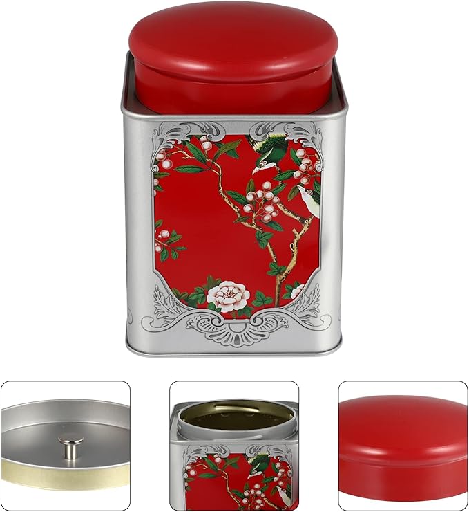 BESPORTBLE Red Tinplate Tea Canister with Airtight Double Lids - Square Sealed Storage Container for Loose Tea, Coffee, Spices, and Candy - 4.01X4.01X5.90In