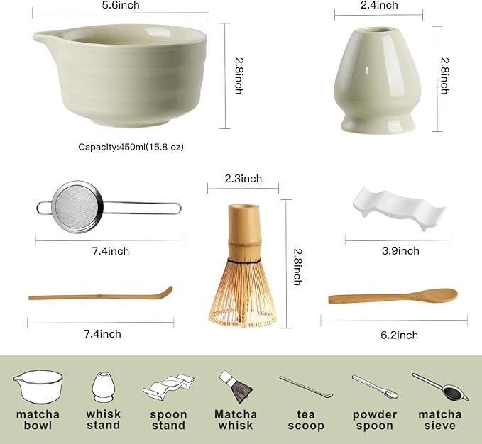 YOLIFE 7 Pcs Matcha Whisk Set, Matcha Kit for Ceremony, Includes Matcha Bowl with Spout, Bamboo Whisk (Chasen) with Ceramic Holder, Scoop, Powder Spoon and Sifter (Matcha Green)