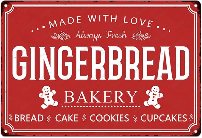 Christmas Signs Home Decor Vintage Art Poster Metal Hanging Plaque Kitchen Cafe Bar Farmhouse Porch Yard Outdoor Indoor Decorations Funny Xmas Gift 8X12 Inch (Gingerbread Bakery Red Sign) by WEGUZIX