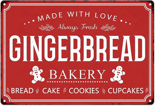 Christmas Signs Home Decor Vintage Art Poster Metal Hanging Plaque Kitchen Cafe Bar Farmhouse Porch Yard Outdoor Indoor Decorations Funny Xmas Gift 8X12 Inch (Gingerbread Bakery Red Sign) by WEGUZIX