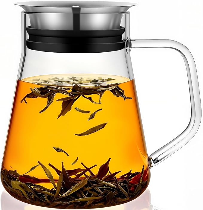 Aquach 27oz Glass Teapot with Smart Filter Lid, Stovetop Safe Borosilicate Glass Tea Kettle with Built-in Stainless Steel Infuser, Dishwasher Safe Hot & Iced Tea Maker, Plastic-Free