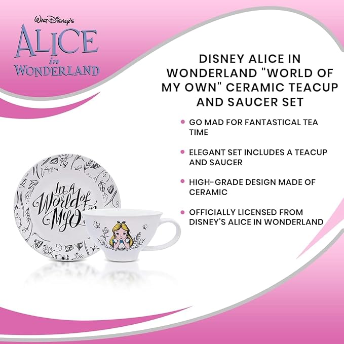 Disney Alice In Wonderland World of My Own 12-ounce Ceramic Teacup and Saucer Set | Tea Party Gift Set For Coffee, Espresso, Mocha, Latte | Cute Gifts and Collectibles