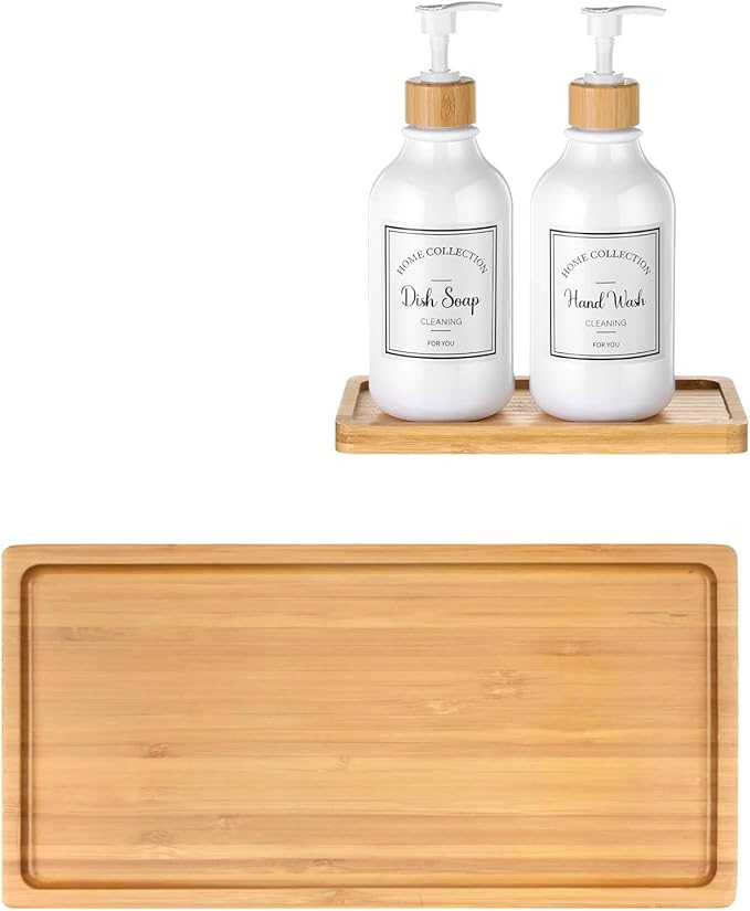 Bamboo Soap Dispenser Tray, Bathroom & Kitchen Sink Tray - Square, Ideal for Jewelry & Cosmetics - Bathtub Organizer