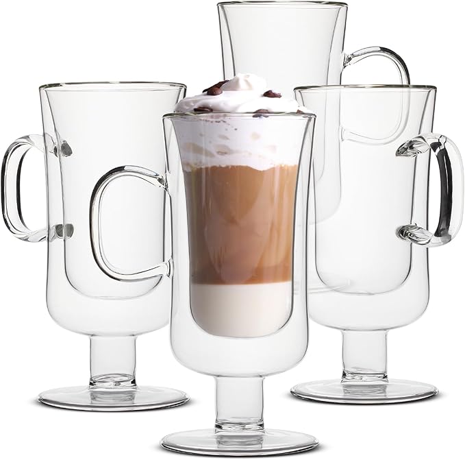 BTaT- Double Walled Glass Irish Coffee Mugs, 10 oz, Set of 4, Glass Coffee Cups with Handle, Insulated Clear Irish Coffee Mug for Hot and Cold Beverages, Cappuccino, Latte, Americano, Microwave Safe