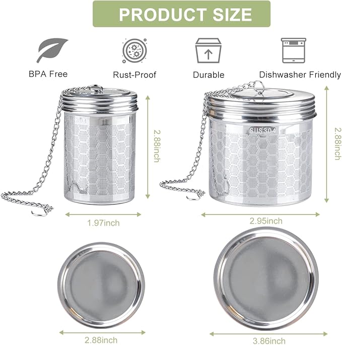 2Pack Infuser Strainer for Loose Tea, Stainless Steel Ball With Chain Hook and Drip Tray, Extra Fine Mesh Filter for Brew, Spices & Seasonings (2Pack, 1.96in+2.95in)