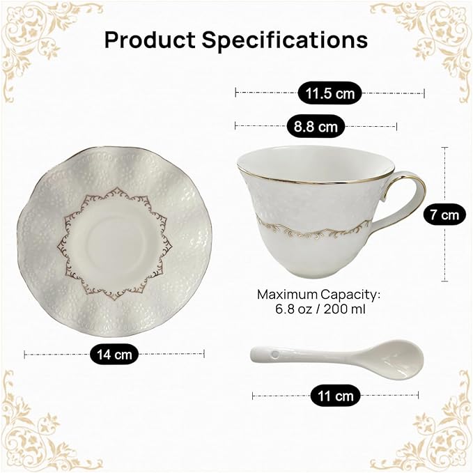Tea Cup and Saucer Set for 1, Coffee Cup with Saucer and Spoon, Espresso Latte Cup for Women Gift, Dishwasher Safe, 6.8 Oz