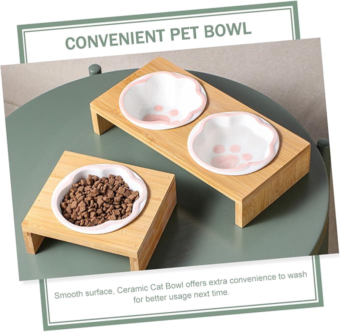TOYANDONA Ceramic Raised Cat Bowl Whisker-Friendly Design Bamboo Stand for Kitten Feeding Easy to Clean