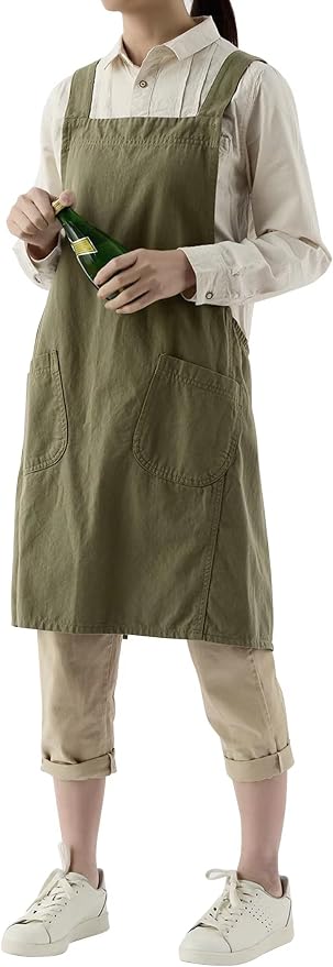 Japanese Cotton Linen Cross Back Apron with Pockets,Fashion Pinafore Dress for Gardening Painting Cleaning Cooking - Image 5