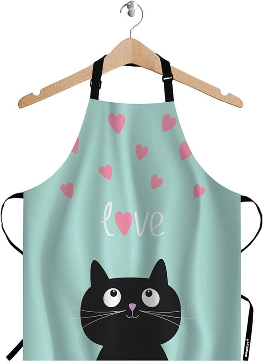 WONDERTIFY Black Cat Apron,Pink Hearts and Cute Cartoon Cat Blue Background Bib Apron with Adjustable Neck for Men Women,Suitable for Home Kitchen Cooking Waitress Chef Grill Bistro Baking BBQ Apron