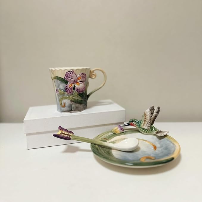 Ceramic Tea Cup and Saucer Set ，6OZ 3D Hand-painted Hummingbird and Flower Coffee Mug，Gift for Women