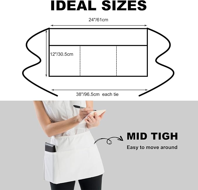 PLOYMONO 12P White Server Apron with 3 Pockets, Short Waist Waitress Apron | Polyester Short Waiter Apron with 3 Deep Pockets, Great for Restaurant Servers, Bartenders, Hosts, Baristas - Image 4