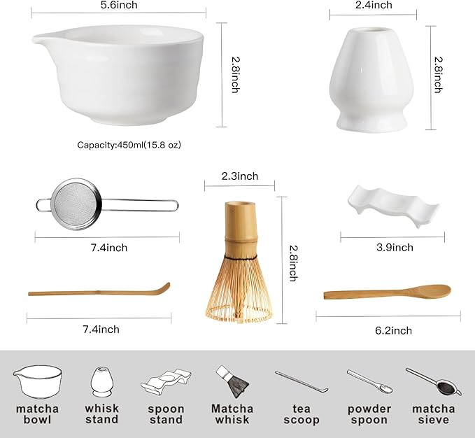 YOLIFE 7 Pcs Matcha Whisk Set, Includes Matcha Bowl with Spout, Bamboo Whisk (Chasen) with Ceramic Holder, Scoop and Powder Spoon, Sifter, Matcha Kit for Ceremony (White)