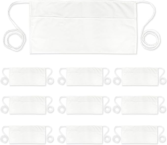 PLOYMONO 10P White Server Apron with 3 Pockets, Short Waist Waitress Apron | Polyester Short Waiter Apron with 3 Deep Pockets, Great for Restaurant Servers, Bartenders, Hosts, Baristas by PLOYMONO