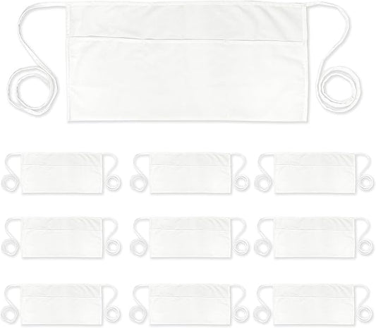 PLOYMONO 10P White Server Apron with 3 Pockets, Short Waist Waitress Apron | Polyester Short Waiter Apron with 3 Deep Pockets, Great for Restaurant Servers, Bartenders, Hosts, Baristas by PLOYMONO