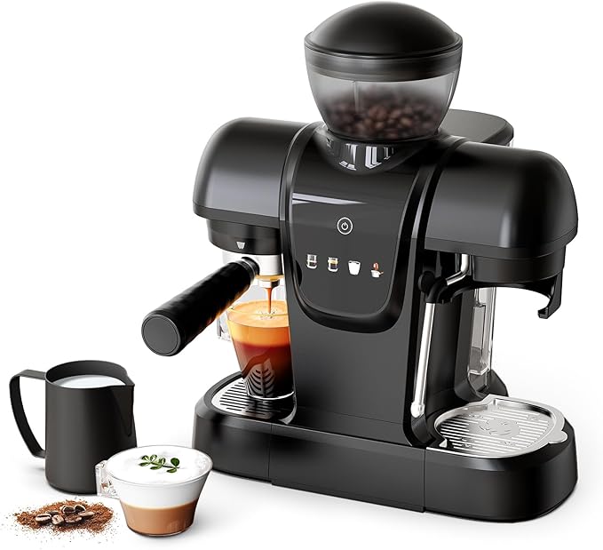 20 Bar Espresso Machine with Grinder & Steam Wand - Semi Automatic Coffee Maker, NTC Intelligent Temp Control, 58mm Stainless Steel Portafilter, One-Touch Panel for Home Barista (Removable Water Tank)