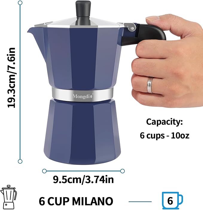 Mongdio Stovetop Espresso Maker Moka Pot, Stove Top Cuban Coffee Maker, Italian Greca Mocha Pot, 6 Espresso Cups, 10 oz - Blue