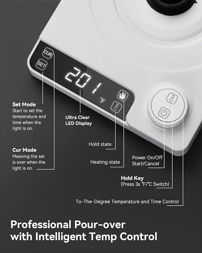 Electric Gooseneck Kettle, ±1℉ Temperature Control, for Pour Over Coffee and Tea, 304 Stainless Steel Inner, BPA-Free, Quick Heating Electric Kettles for Boiling Water, 1L WHITE