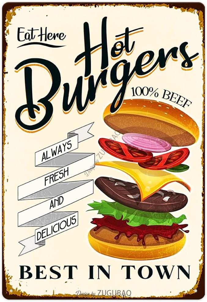 Hot Burgers Tin Signs Vintage Metal Sign Funny Food Art Printing Poster Wall Decor for Home Kitchen Bar Restaurant Cafe Pub Indoor Outdoor 12x8 Inch Hanging Plaque by ZUGUBAQ