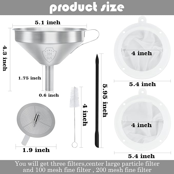 WMKGG 304 Stainless Steel Funnel, 5 Inch Funnels for Kitchen Use Filling Bottles, with 200 Mesh and 100 Mesh Fine Mesh Strainer, for Oils, Juice, Wine, Coffee, Milk, Tea, Powder